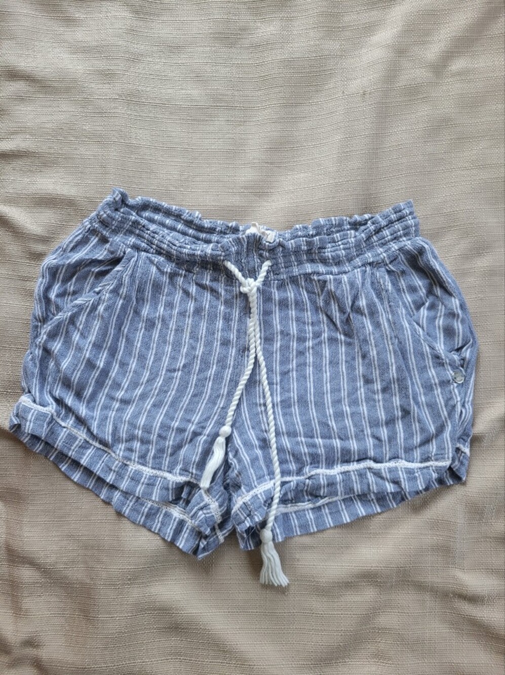 Roxy Oceanside Blue White Striped Cotton Beach Shorts Medium